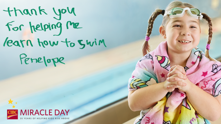 Little girl named Penelope at swimming pool saying Thank you for helping me learn how to swim